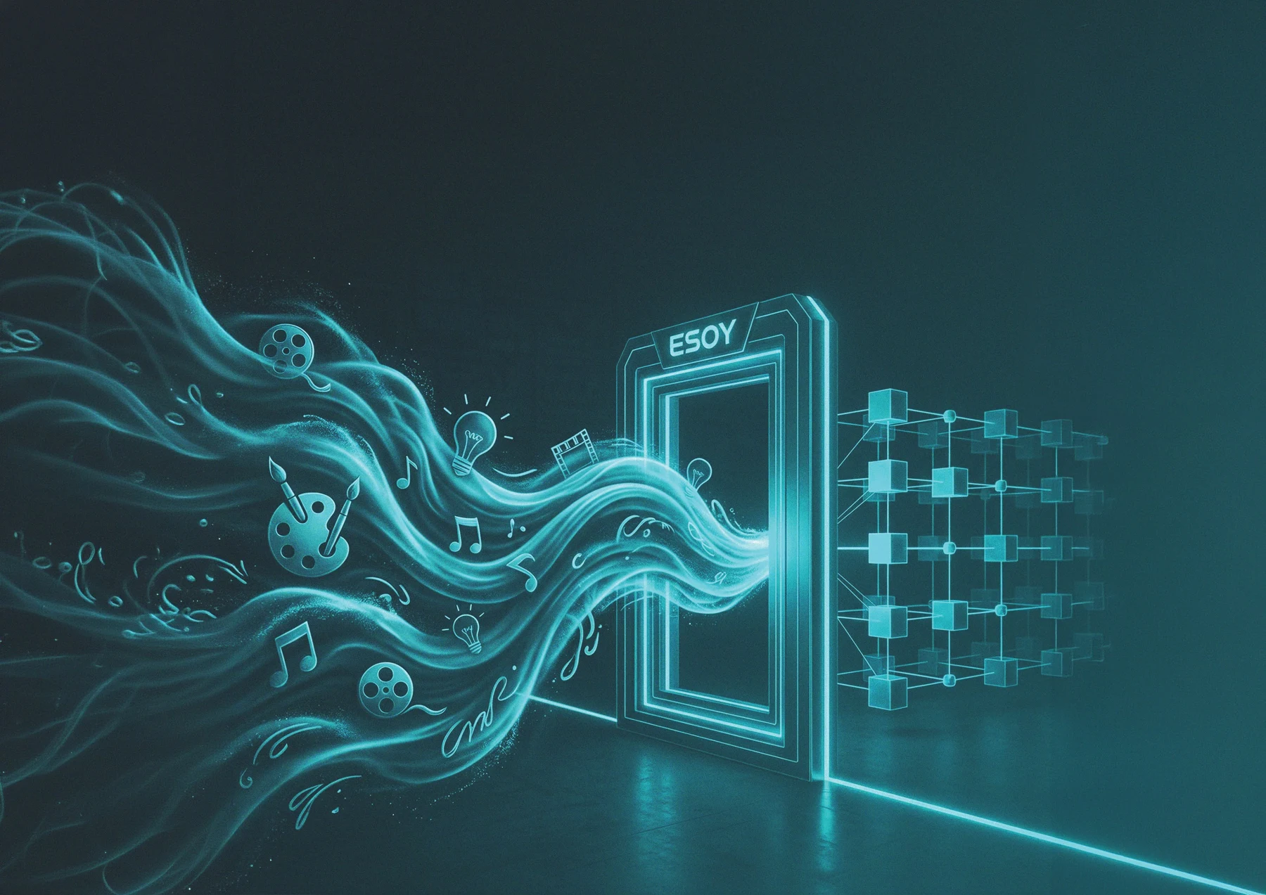 Creative ideas flowing through an ESOY doorway into a structured digital system